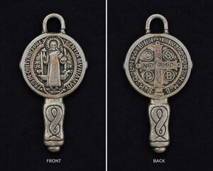 Vintage St Benedict Medal Key Catholic Religious Devotional Pendant Silver Tone